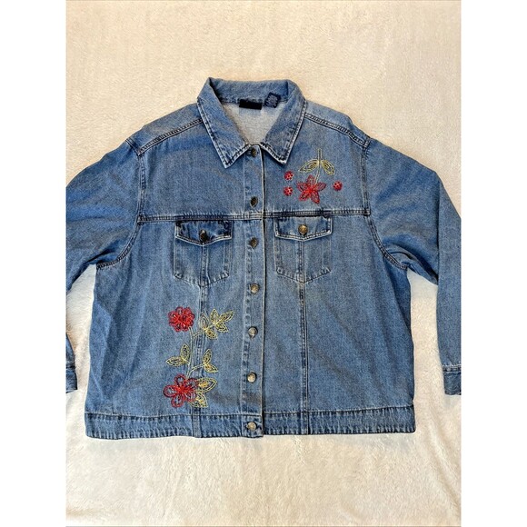 Jane Ashley Denim Embroidered Jacket with Buttons 2X Flowers 100% Cotton - Picture 2 of 12